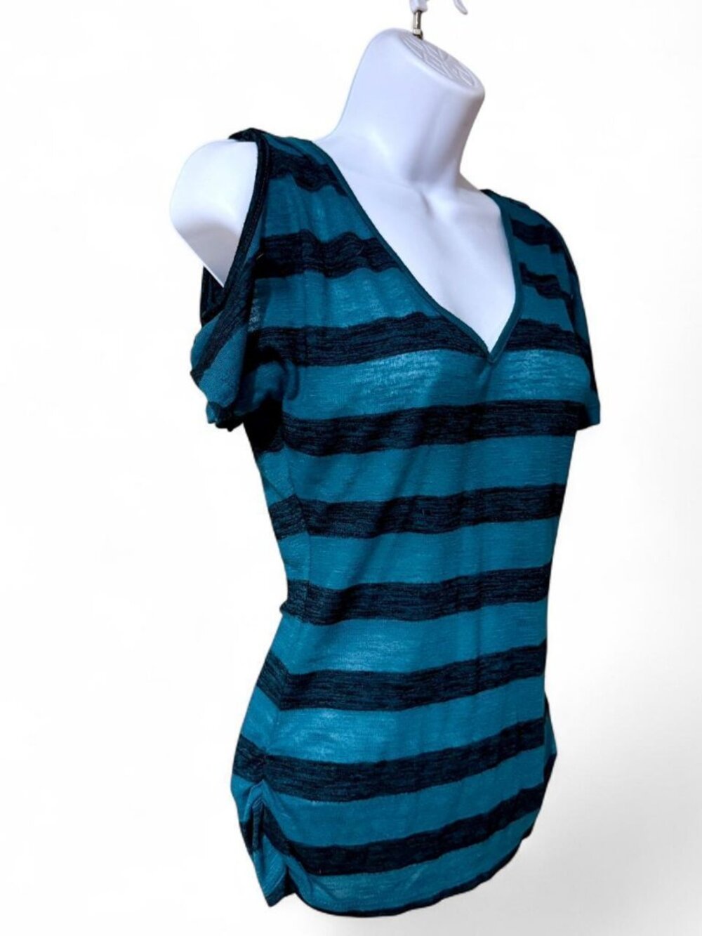 American Dream Blue Green Striped Sheer V-Neck Cutout Shoulder Top M